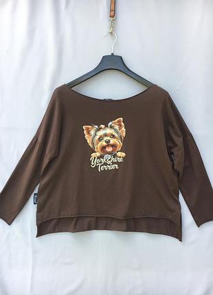 Жіноча трикотажна оверсайз футболка minouu yorkshire terrier коричнева бавовна