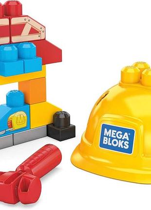 Mega bloks gnt91 - конструктор "маленький строитель", детский набор с каской и молотком, большие блоки с 20 деталями