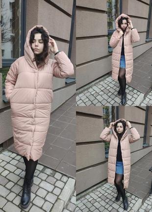 Зимова тепла довга куртка на кнопки пальто пуховик ковдра оверсайз з капішоном