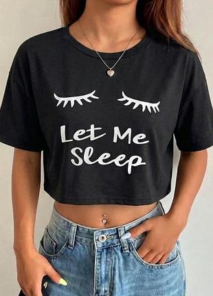 🖤 черный кроп-топ let me sleep с ресницами 😍 укороченная футболка топик y2k