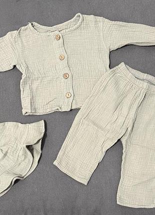 Літній мусліновий костюм трійка tana baby р. 74 (6-9 міс), сорочка, штанці, панамка