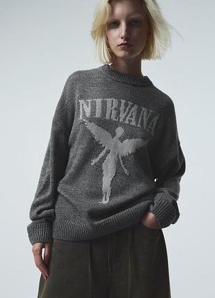 Сірий в'язаний светр nirvana h&m divided оверсайз джемпер з ангелом кофта мерч рок гурт in utero графітовий xs s m grunge (гранж) y2k рок-стиль
