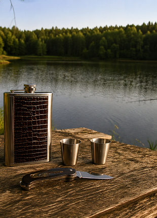 Набір ✈️🍹подарунковий для справжнього чоловіка фляга стопки розкладний ніж сталевий туристичний походний