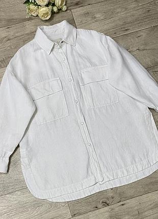 Белая льняная оверсайз удлиненная рубашка/ветровка на кнопках massimo dutti, р.l-xl