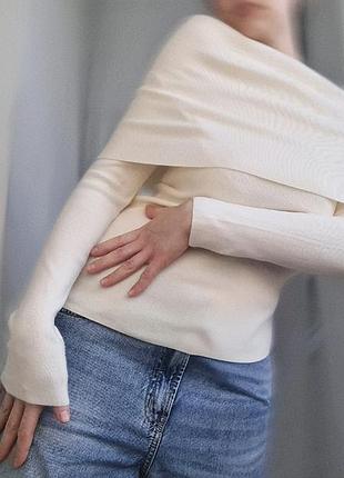 Zara / zara лонгслив / лонгслив / джемпер zara / джемпер с открытыми плечами / кремовый лонгслив / джемпер в рубчик