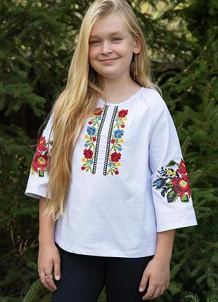 Красивая украинская вышиванка для девочки льняная, подростковые вышиванки девочкам лен