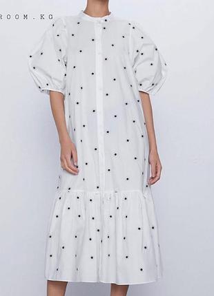 Белое платье с вышивкой zara длина миди размер xs