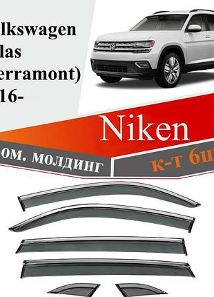 Ветровики, дефлекторы окон volkswagen atlas (terramont) 2016- с хромированным молдингом niken luxury, комплект 6 шт, фольцваген