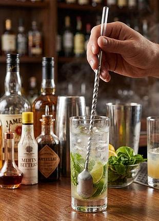 Ложка-соломинка cocktail 22 см набір 6 шт з щіткою – металеві трубочки для напоїв та коктейлів
