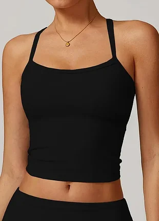 Женская майка спортивный топ на тонких бретельках черная 7200 (s-xl) с чашечками эластичная облегающая майка-топ