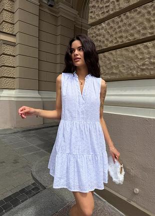 Платье летнее платье короткое прошва хлопок белый s, m, l, xl