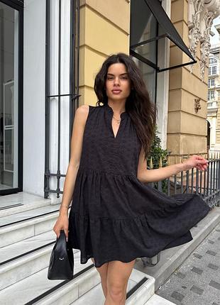 Платье летнее платье короткое прошва хлопок черный s, m, l, xl