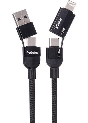 Кабель gelius openx 4in1 gp-ucn017 usb/type-c - ip/type-c 100w 1м нейлоновый для быстрой зарядки ноутбука black