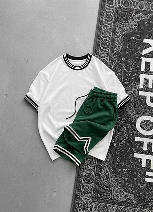 Спортивный костюм женский / мужской белый зеленый с шортами осенний весенний летний