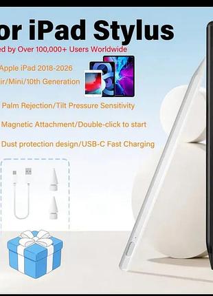 Новий стилус для ipad, стилус apple чорний, два наконечника, шнур для зарядки