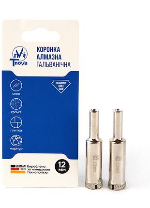 Коронка алмазная гальваническая t-nova 12 мм для плитки, керамогранита и стекла (под дрель/шуруповерт) (2 шт/упаковка)