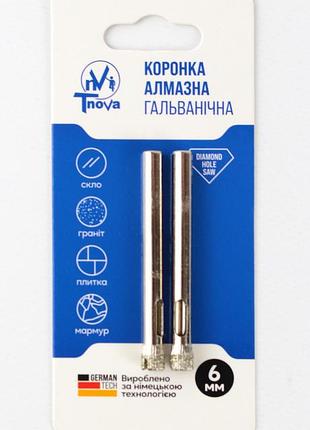 Коронка алмазная гальваническая t-nova 6 мм для плитки, керамогранита и стекла (под дрель/шуруповерт) (2 шт/упаковка)