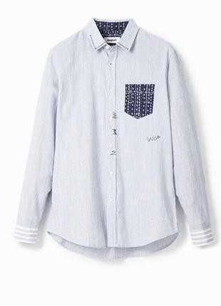 Стильная мужская рубашка desigual в тонкую полоску с вышивкой, размер м.