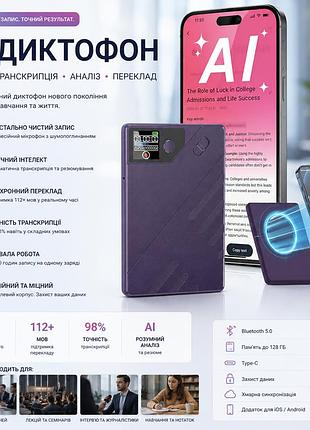 Ai диктофон e eazeyai 64gb — транскрипция 112 языков, умное резюме (chatgpt), синхронный перевод, шумоподавление, usb-c