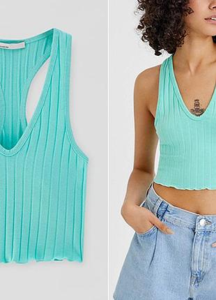 Бірюзовий кроп-топ жіночий у рубчик від pull&bear майка жіноча