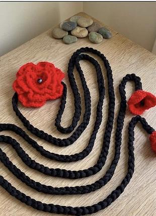 Пояс довгий  універсальний handmade червона квітка , авторська робота