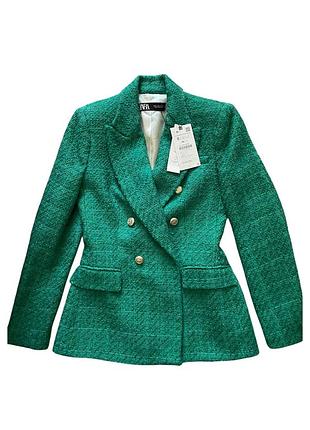 Новый твидовый зеленый жакет пиджак zara