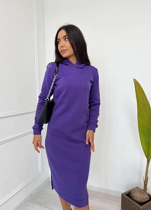 Свободное спортивное платье худи с капюшоном пудровое женское платье толстовка на флисе зимнее теплое платье 40/42, фиолетовый