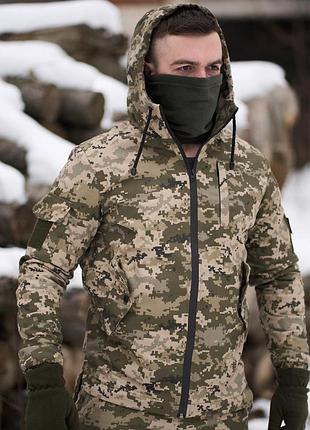 Мужская военная зимняя куртка зеленый пиксель с капюшоном на флисе тактическая с карманами на липучках теплая военного образца
