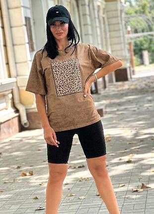 Літній жіночий костюм із велосипедками в рубчик і футболкою варенка з принтом із куліру капучино, 42/44