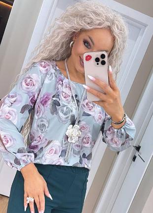 Стильная женская блуза в цветочный принт коричневая нарядная блузка кофточка с длинными рукавами мятный, 52/54