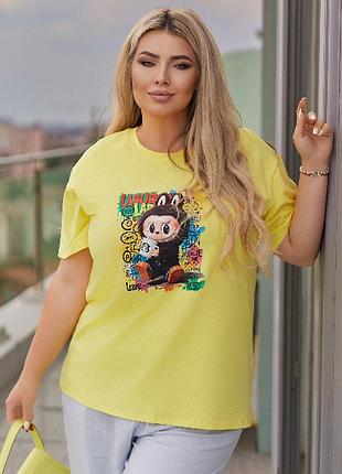 Базовая женская футболка с принтом качественная из турецкого стрейч-кулира 100% хлопок 42/44, желтый