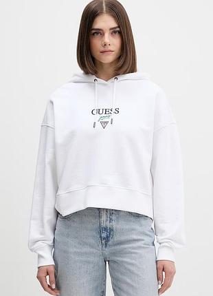 Urbanshop com ua бавовняна кофта guess jeans колір білий з капюшоном з аплікацією w6rq00 k68i4 розміри запитуйте