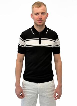 Мужское поло с коротким рукавом черное в полоску на молнии (m, l, xl, xxl)