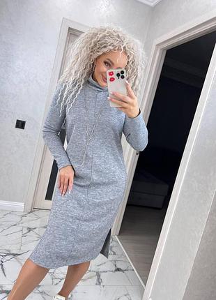 Тепла пряма жіноча сукня під горло з ангори сіра сукня міді з довгим рукавом 48/50, сірий