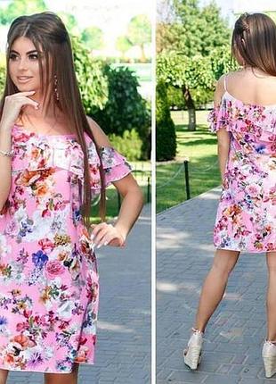 Платье с открытыми плечами, арт. 102, троянда на рожевому