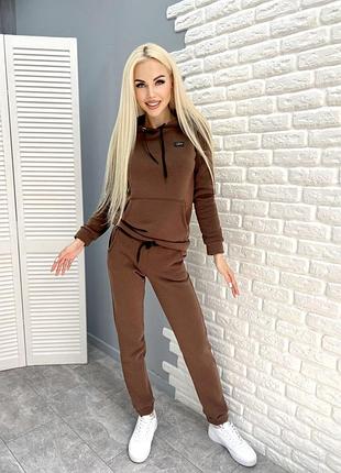 Модный теплый женский костюм прогулочный спортивный костюм флисовый утепленный женский костюм на флисе женский 46-48, шоколадный