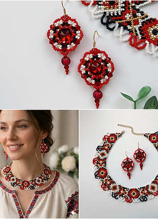 Комплект украинских украшений: ожерелье и серьги «вышиванка».