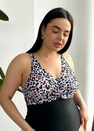 Суцільний чорний купальник plus size леопардовий принт