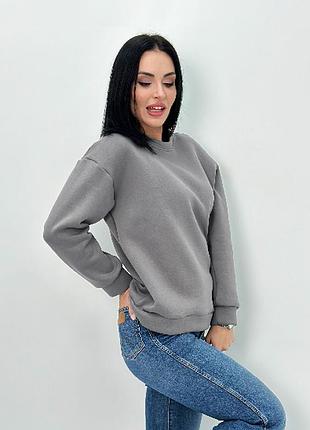 Теплый батник женская кофта на флисе базовый отдононный свитшот прямого кроя на манжетах 50-52, серый