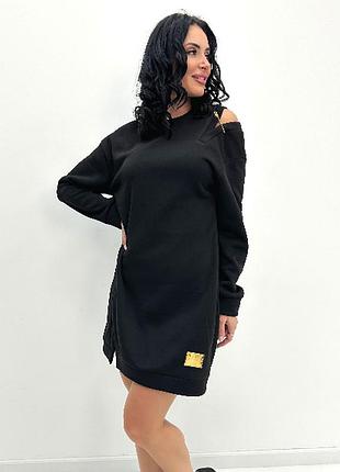 Теплое женское платье мини туника на флисе спортивное короткое с разрезом на плече 42-44, черный