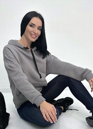 Однотонная кофта с капюшоном женское худи на флисе спортивная теплая толстовка из турецкой трехнитки 50-52, серый