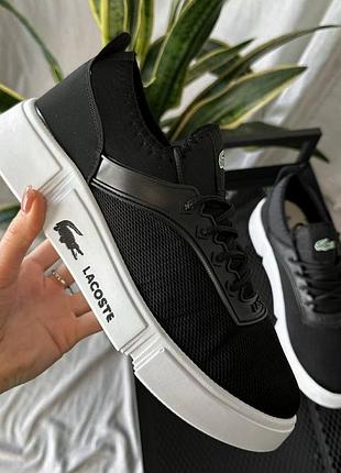 Чоловічі чорно-білі кросівки lacoste легкі літні кеди лакосте стильне взуття на літо текстильна сітка
