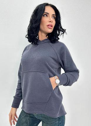 Однотонное худи женская кофта с капюшоном на флисе спортивная теплая толстовка 42-44, графит