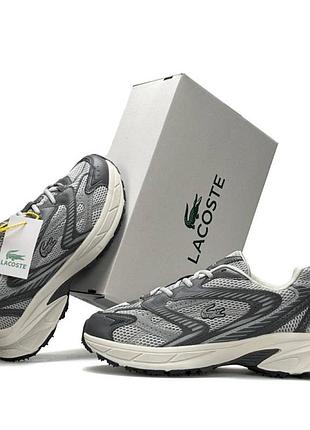 Мужские кроссовки lacoste l003 neo shot grey beige брендовые повседневные летние кроссы лакоста серые бежевые кожа сетка