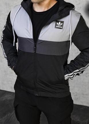 Мужская ветровка адидас adidas водонепроницаемая black grey чёрный серый s l