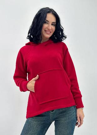 Однотонне худі жіноча кофта з капюшоном на флісі спортивна тепла толстовка утеплена 50-52, червоний