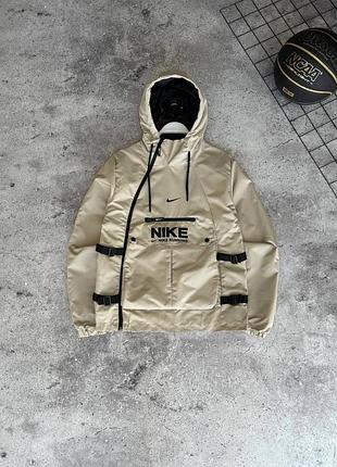 Чоловічий анорак nike бежева, вітровка nike з капюшоном, спортивний анорак nike весна-осінь, водовідштовхувальна вітровка nike m