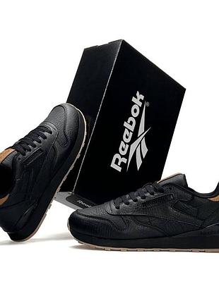 Мужские кроссовки кожаные reebok classic leather классические черные стильные кроссы реброк на весну лето вьетнам