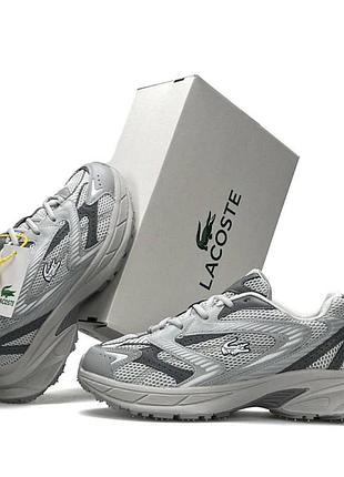 Мужские кроссовки lacoste l003 neo shot light grey повседневные летние кроссы лакоста светло серые кожа сетка