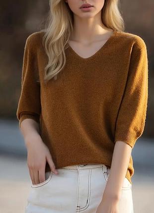 Мягенькая трикотажная блуза, кофточка с декольте, 24% вискоза, р.2xl, наш 44-50, коричневый